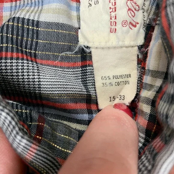 Vintage Wrangler Shirt Mens 15/33 Grey Plaid Western Pearl Snap 70's Made In USA - Picture 10 of 11